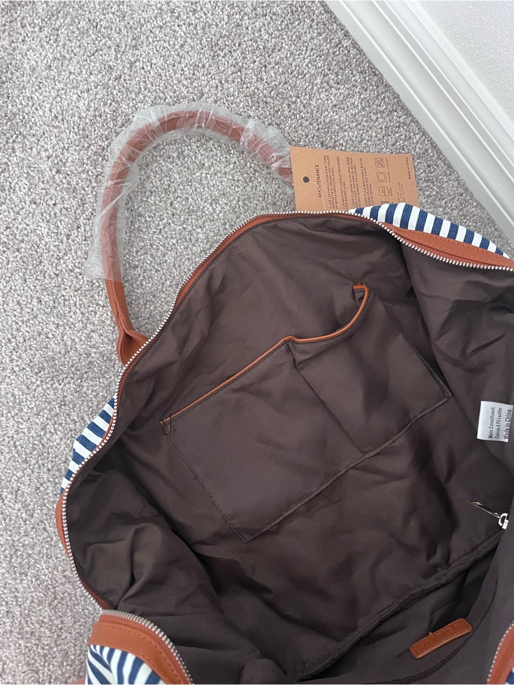 Striped Navy and White Travel Weekender Bag with Brown Leather Trim - Picture 6 of 8